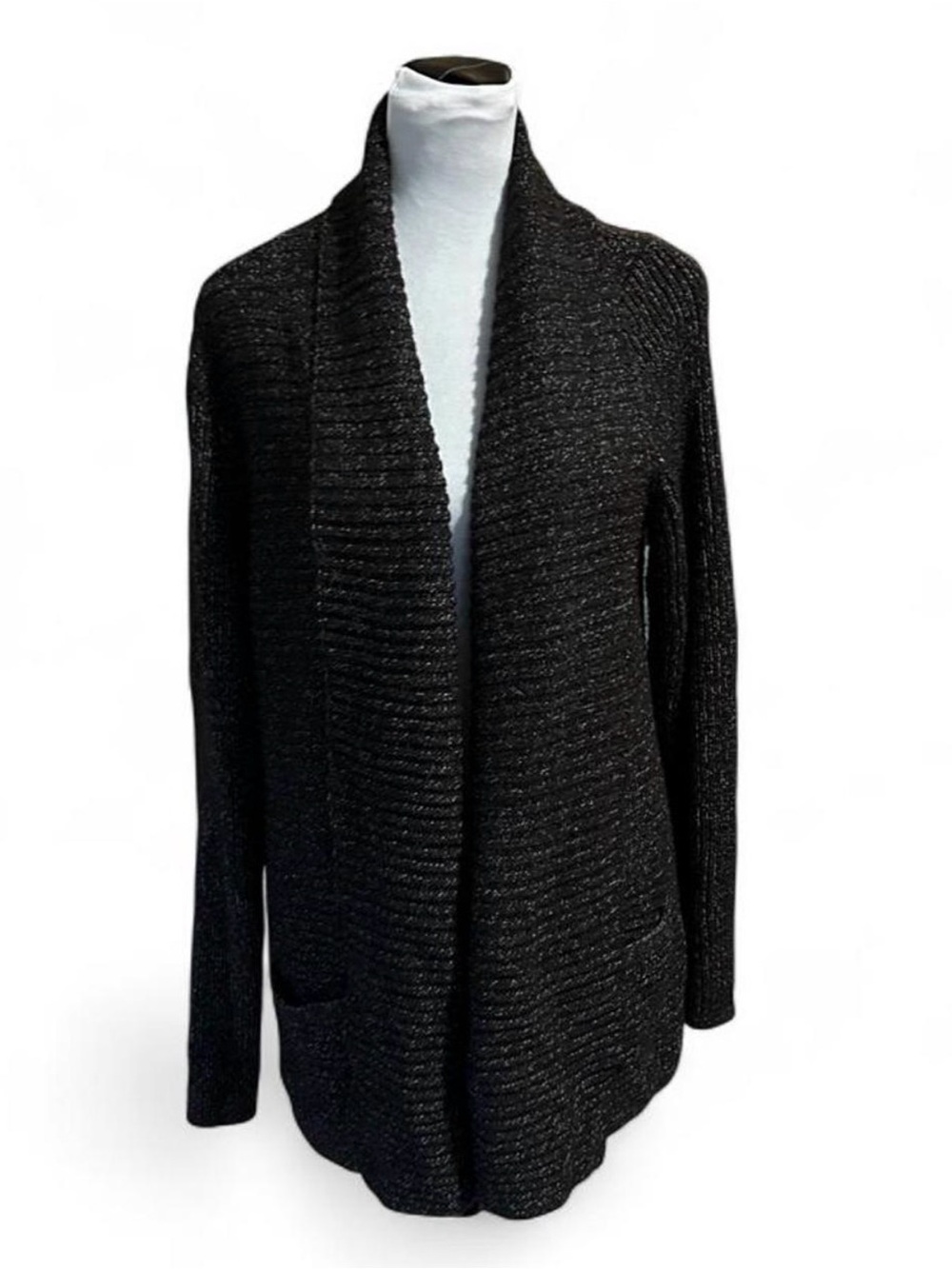 Karen Scott Black Ribbed Open-Front Shawl Collar Cardigan